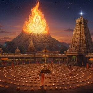 A majestic view of Tiruvannamalai hill temple at dusk, with a massive golden flame burning atop the hill, reaching towards the star-filled sky. The flame is surrounded by a divine aura of saffron and white light. In the foreground, hundreds of earthen lamps arranged in concentric mandalas illuminate the temple courtyard, creating intricate patterns. Lord Shiva appears as a ethereal, translucent form within the flame, with four arms - holding damaru, trident, deer, and abhaya mudra. The temple architecture features intricate Dravidian style details with ornate gopurams decorated with traditional patterns. Groups of devotees in traditional Tamil attire are seen lighting lamps in the temple premises. The scene includes mystic elements like floating lotus flowers, peacock feathers, and swirling spiritual energy patterns in deep blues and golds. The overall composition emphasizes the divine connection between the earthly flames below and the cosmic flame above, rendered in a style merging traditional Indian art with modern digital aesthetics, featuring rich colors like deep maroon, saffron, and gold with ethereal lighting effects.