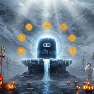 A majestic crystalline Shivling emerging from snow-capped Himalayan peaks, standing 50 feet tall, crafted in black stone with intricate Sanskrit engravings and natural ice formations. The Shivling glows with an ethereal blue aura, surrounded by floating golden mandalas and swirling cosmic energy. A stream of pure Gangajal flows down its surface, creating mesmerizing light reflections. The background shows the ancient Kedarnath temple architecture with detailed stone carvings. Mystical fog and clouds partially shroud the scene, with rays of divine light breaking through. Multiple trishuls (tridents) stand guard, emanating power. Small diyas with golden flames float in the foreground. Sacred rudraksha beads and bilva leaves are scattered around the base. The scene combines photorealistic texturing with traditional Pahari painting style, emphasizing depth and divinity. The lighting creates a supernatural atmosphere with cool blues and warm golds. Snow-white Nandi sits in reverence nearby. The entire composition suggests profound spiritual energy and timeless sanctity, with the Himalayas extending infinitely into the misty distance.