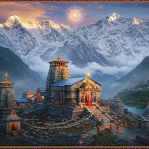 A majestic aerial view of Kedarnath Temple in pristine Himalayan setting, with snow-capped peaks of Kedarnath and Kedar Dome towering behind. The ancient stone temple glows with divine golden light, surrounded by misty clouds and prayer flags. In the foreground, a winding trek path decorated with colorful prayer flags leads to the temple, with small groups of pilgrims in traditional Indian attire making their way up. The scene features mystical elements like floating lotus petals and glowing mandalas in the sky. The landscape includes mini-vignettes of nearby sacred sites - Vasuki Tal's crystal-clear waters, Bhairav Temple on a rocky outcrop, and the verdant Gaurikund valley. The art style combines hyperrealistic architectural details of the temple with ethereal lighting effects, rendered in a color palette of deep blues, gold, saffron, and pure white snow. Intricate Madhubani-style patterns adorn the borders, featuring traditional mountain motifs and Hindu symbols. The overall composition creates a sense of spiritual journey and divine presence.