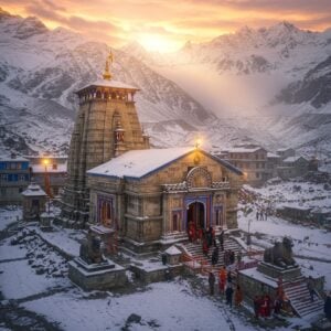 A majestic aerial view of the snow-capped Kedarnath Temple complex in the Himalayas during sunrise, with golden rays illuminating the ancient stone architecture. The temple's intricate details are visible with traditional Nagara-style architecture, featuring a large pyramidal spire adorned with spiritual motifs. In the foreground, a winding path leads to the temple, where devotees in colorful winter clothing are making their way up. Sacred Nandi bull statue guards the entrance. Mystical morning mist swirls around the temple base, while prayer flags flutter in the mountain breeze. The scene is surrounded by towering snow-covered peaks of the Garhwal Himalayas, with traces of pink and orange clouds in the sky. The lighting creates a divine atmosphere with soft golden glow around the temple structure. The art style combines hyperrealistic digital photography with ethereal Indian architectural details, emphasizing both the grandeur of nature and the spiritual significance. Small streams of melting snow create patterns around the temple base, reflecting the morning light.