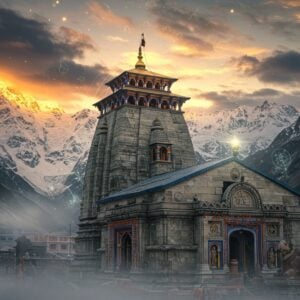 A majestic stone Kedarnath temple standing tall against the snow-capped Himalayas at dawn, with the first rays of sun creating a golden aura around its pyramidal structure. The temple's ornate architecture is rendered in intricate detail, showing the traditional North-Indian Nagara style with detailed carvings of deities and geometric patterns. In the foreground, a decorated stone Nandi statue guards the entrance, surrounded by blooming Brahma Kamal flowers. Swirling mystical energy in shades of deep blue and gold encircles the temple, while ethereal light streams through clouds. The scene captures both the temple's grandeur and its spiritual essence, with subtle mandala patterns in the sky. The color palette combines earthy grays of the temple stone, pristine whites of the snow, rich golds of the sunrise, and deep blues of the mystical elements. The style merges photorealistic architectural details with magical surrealism, rendered in high-definition digital art with atmospheric lighting and dramatic perspective. Soft morning mist partially shrouds the base of the temple, creating a dreamlike atmosphere.