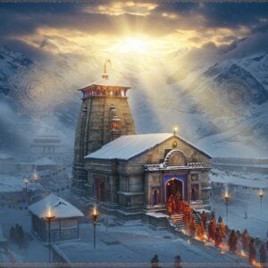 A majestic aerial view of Kedarnath Temple nestled in snow-capped Himalayan peaks, with golden morning sunlight illuminating its ancient stone architecture. The temple structure shows intricate North Indian temple architecture with detailed carvings. In the foreground, a line of devoted pilgrims in traditional Indian winter wear (saffron and maroon colors) making their way through a snow-covered path lined with prayer flags. The scene features ethereal mist swirling around the temple, creating a mystical atmosphere. Glowing mandala patterns float in the sky, while spiritual symbols like trishuls and lotus flowers are integrated into the composition. The lighting creates a dramatic interplay of golden sun rays breaking through clouds, casting divine beams on the temple. The color palette combines deep blues of early morning sky, pristine whites of snow, and warm golden tones. The style merges hyperrealistic architectural details with ethereal, spiritual elements, rendered in a modern digital art aesthetic with elements of traditional Indian art patterns in the sky and borders. The temple plaza shows small oil lamps and incense smoke adding to the atmospheric depth.