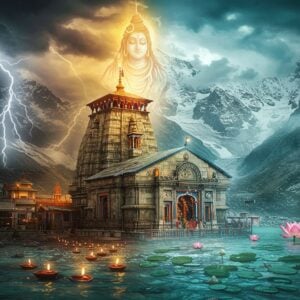 A majestic ancient Kedarnath temple standing resilient against a dramatic Himalayan backdrop, its stone structure glowing with divine ethereal light. The temple is surrounded by swirling waters rendered in traditional Madhubani style patterns in deep indigo and turquoise. Above the temple, Lord Shiva appears as a translucent, ethereal form in meditation pose, emanating protective golden energy shields around the shrine. The scene splits vertically - one side shows dark storm clouds and turbulent waters with lightning, while the other side shows clear skies with lotus flowers blooming from the receding waters. The temple architecture is intricately detailed with weathered stone textures, traditional carvings, and snow-capped peaks behind. Glowing diyas float on the water's surface. The color palette includes deep greys of stone, bright golden divine light, turquoise waters, and warm saffron accents. The style merges photorealistic temple architecture with mystical Indian art elements. A soft golden morning sun breaks through the clouds, symbolizing hope and rebirth. Small groups of pilgrims can be seen approaching the temple on a newly constructed path.