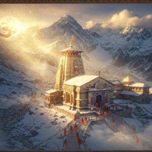 A majestic aerial view of the snow-capped Kedarnath temple complex nestled in the Himalayas, with golden morning sunlight illuminating its ancient stone architecture. The temple's dome glistens with a divine aura, surrounded by snow-covered peaks. In the foreground, a winding path leads to the temple, where devotees in colorful traditional Indian winter wear (maroon, saffron, deep blue) make their ascent. Ethereal mist swirls around the scene, creating a mystical atmosphere. The composition includes traditional Madhubani-style decorative elements in the borders with intricate mountain patterns and sacred Om symbols. A large mandala featuring Himalayan motifs frames the scene like a spiritual gateway. The lighting creates a dramatic interplay of golden sunbeams breaking through clouds, casting long shadows across the snow. Small prayer flags flutter in the wind, adding movement to the scene. The color palette combines deep spiritual colors (saffron, maroon, gold) with the natural blues and whites of the mountain landscape. Photorealistic digital art style with mystical elements, high-detail architecture, and atmospheric lighting. 4K, cinematic quality.