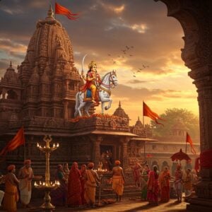 A majestic ancient stone temple with ornate Maratha architecture rising against a dramatic sunset sky, featuring the deity Khandoba mounted on a white horse, wielding a golden sword in his right hand and a bowl (kaman) in his left. The temple structure has intricate carvings with traditional Hemadpanthi style elements, decorated with saffron flags and brass bells. In the foreground, devotees in traditional Maharashtrian attire (men in dhoti-kurta and women in nauvari sarees) perform ritual offerings with turmeric powder and sacred oil lamps. The scene is illuminated by warm golden light with ethereal rays filtering through the temple's elaborate archways. The surrounding includes symbolic elements like the sacred neem tree and Bandar tree with red cloth ties. The art style combines hyperrealistic architectural details with mystical Indian traditional art elements, featuring a rich color palette of deep maroons, saffron, and gold with accents of peacock blue. The atmosphere carries a spiritual aura with subtle floating mandalas and delicate flower petals in the air.