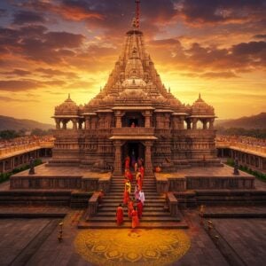 A majestic aerial view of Khandoba Temple at sunset, with its distinctive Hemadpanthi architecture glowing in warm golden light. The temple's shikhara rises dramatically against a mystical sky filled with swirling saffron and deep purple clouds. In the foreground, a detailed mandala pattern forms a spiritual pathway leading to the temple steps. Traditional Indian pilgrims in colorful attire climb the steps, creating a sense of scale. The temple is surrounded by intricate Madhubani-style decorative borders featuring traditional symbols like the sword and turmeric (symbols of Khandoba). The scene includes subtle details like floating diyas, sacred flags, and peacocks near the temple premises. The lighting creates a dramatic interplay of light and shadow on the temple's carved walls, highlighting its architectural details. The composition maintains a perfect balance between realism and mystical elements, with a soft ethereal glow emanating from the temple's sanctum. The surrounding landscape shows the Jejuri hills in muted earth tones, with traces of yellow turmeric powder (bhandara) scattered across the steps, characteristic of Khandoba worship. Art style is photorealistic with magical realism elements, enhanced by digital art techniques.