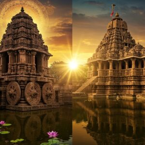 A majestic split-screen composition showing two grand Sun temples, divided by a radiant beam of golden sunlight. On the left, the intricate Konark Sun Temple with its massive chariot wheels, 24 carved wheels with intricate spokes, and seven galloping horses in black stone. On the right, the stepped tank and pyramidal shikhara of Modhera Sun Temple reflecting in its sacred kund, with geometric patterns and carved pillars. Both temples bathed in dramatic sunrise lighting, with sun rays filtering through the ancient pillars. The sky features a mystical blend of deep saffron and peacock blue, adorned with Madhubani-style sun motifs. Sacred lotus flowers float in the foreground water body, rendered in traditional Pattachitra style. Ethereal golden aura surrounds both temples, with delicate mandalas floating in the atmosphere. The scene captured in rich, deep colors - maroon, gold, and royal blue, with intricate architectural details highlighted in warm golden light. The composition should be photorealistic but enhanced with traditional Indian art elements, creating a harmonious blend of ancient magnificence and artistic interpretation. Cinematic lighting emphasizing the grandeur of both structures.