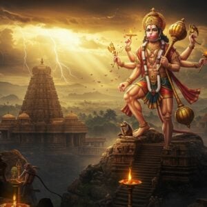 A majestic Lord Hanuman statue in a dynamic pose, standing atop a mystical hill surrounded by ancient temple architecture. The deity appears powerful with four hands - one holding Sanjeevani mountain, another in abhaya mudra, third holding a mace, and fourth in anjali mudra. His face shows divine determination with golden tilak. The background features the historical Kondagattu temple with intricate Kakatiya-style architecture, illuminated by ethereal golden light breaking through storm clouds. Multiple layers of hills fade into misty distance, with floating lotus petals and glowing mandalas in the foreground. Sacred monkeys sit reverently around the temple steps. Rich colors dominate - deep saffron, royal blue, and burnished gold, with rays of divine light creating a supernatural aura. The scene combines hyperrealistic texturing with traditional Indian art motifs, particularly in the detailed temple carvings and mandala patterns. The atmosphere suggests both power and divinity through dramatic lighting and mystical elements floating in the air.