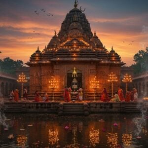 A majestic ancient Shiva temple with traditional Maratha architecture, featuring intricate stone carvings and a towering shikhara against a mystical twilight sky. The temple's reflection shimpers in sacred waters, surrounded by ornate stone steps (deepstambha). Lord Shiva's idol is visible through the sanctum entrance, illuminated by dozens of brass oil lamps creating a warm golden glow. Detailed Madhubani-style patterns adorn the temple walls, depicting scenes from Shiva Purana. In the foreground, devotees in traditional Maharashtrian attire perform puja with flowers and diyas. The atmosphere is enhanced by swirling incense smoke creating ethereal patterns, while floating lotus flowers and marigold petals add splashes of color. The scene combines hyperrealistic architectural details with a dreamy, spiritual quality. The color palette features deep maroons, burnt orange, gold, and peaceful blues, with soft glowing highlights. The composition emphasizes both the temple's grandeur and its spiritual significance.