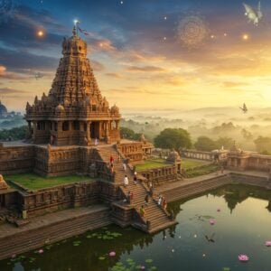 A majestic aerial view of Kotappakonda hill temple at sunrise, with golden sunlight illuminating the ancient stone steps leading to the temple summit. The temple architecture features intricate Dravidian-style carved pillars and towers in rich maroon and saffron hues. In the foreground, a serene lake reflects the temple's image, surrounded by lush green landscapes and scattered smaller shrines. Traditional Indian pilgrims in colorful attire climb the steps. The scene incorporates mystical elements with soft, glowing mandalas floating in the sky, and ethereal light rays piercing through morning mist. The surrounding area shows glimpses of nearby attractions - the outline of Amaravathi stupa, Undavalli caves, and the Krishna River in the distance. The art style combines traditional Pattachitra patterns in the sky with modern digital rendering, using a palette of deep blues, golden yellows, and earthy browns. Ethereal butterflies and birds add movement to the scene, while delicate lotus flowers float in the lake. The overall composition creates a sense of spiritual grandeur and natural beauty, with photorealistic details enhanced by magical lighting effects.