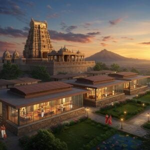 A serene aerial view of Kotappakonda temple complex at sunset, nestled atop the sacred hill, illuminated by warm golden light. Traditional Indian architecture with intricate Dravidian designs and gopurams in rich maroon and saffron colors. Modern guest houses and pilgrim rest facilities visible in the foreground, featuring contemporary glass and stone structures seamlessly blending with traditional architecture. Comfortable rooms with large windows visible through the glass facades. A tranquil garden with blooming lotus ponds and meditation spaces surrounds the facilities. Small groups of pilgrims in traditional Indian attire walking along well-maintained pathways. Soft glowing lanterns line the paths. The scene is rendered in a fusion of Pattachitra art style with modern digital aesthetics, emphasizing deep peacock blues in the sky, with ethereal clouds and subtle mandala patterns. The overall composition suggests comfort, spirituality, and accessibility, with the majestic hill temple as the backdrop.