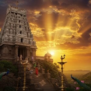 A majestic ancient temple perched atop Kotappakonda hill during golden sunset, with traditional South Indian Dravidian architecture featuring ornately carved gopuram in white and gold. The temple structure rises dramatically against a mystical sky filled with swirling clouds in deep oranges and purples. In the foreground, stone steps adorned with intricate rangoli patterns lead upward, flanked by traditional brass deepa stambhas (lamp posts) with glowing diyas. The scene includes devotees in traditional Telugu attire climbing the steps, their silhouettes creating a sense of scale. The surrounding landscape shows lush greenery with peacocks, and floating lotus flowers in ethereal light. The entire scene is rendered in a blend of Pattachitra and modern digital art style, with rich colors of saffron, deep maroon, and peacock blue. Divine rays of light pierce through clouds, illuminating the temple's main shrine. The composition includes delicate mandala patterns in the sky, and subtle representations of Lord Shiva with a glowing third eye in the clouds, symbolizing the temple's significance. The lighting creates a dramatic interplay of light and shadow on the temple's intricate architectural details.