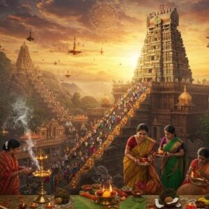 A majestic aerial view of Kotappakonda hill temple illuminated by warm golden light during sunrise, with hundreds of devotees climbing the sacred steps adorned with traditional rangoli patterns and marigold garlands. In the foreground, a group of Telugu women in traditional silk sarees (deep maroon, forest green, and mustard yellow) perform ritual offerings with silver pooja plates containing kumkum, turmeric, and lit camphor. Rising incense smoke creates ethereal swirls in the air, merging with mystical clouds. The scene includes detailed Madhubani-style borders featuring temple architecture motifs, peacocks, and lotus patterns. Multiple golden oil lamps cast a divine glow, while banana leaves and coconuts arranged in traditional patterns frame the lower portion. The color palette combines deep traditional colors with modern gradient effects, creating a surreal atmosphere. Floating diyas in the sky form a spiritual pathway, leading to the temple summit. Intricate mandala patterns in gold and saffron emerge from the morning mist, surrounding the temple spire. The art style merges photorealistic temple architecture with ethereal, dreamy elements, rendered in high-detail digital art with dramatic lighting and atmospheric depth.