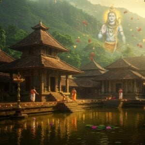 A mystical ancient temple complex nestled deep in the Western Ghats, surrounded by lush emerald forests and mist-covered mountains. The temple architecture follows traditional Kerala style with sloping tiled roofs and intricate wooden carvings. In the foreground, a sacred pool reflects golden light, with floating lotus flowers and traditional brass oil lamps along its edges. Lord Shiva appears in a ethereal, semi-transparent form above the temple, depicted in his Kirata (hunter) form with bow and arrow, reminiscent of the temple's legend. The scene is illuminated by both warm morning sunlight and divine golden aura emanating from the deity. Sacred rudraksha beads and vibhuti patterns float in the air, creating mystical patterns. Two devotees in traditional Kerala attire perform rituals near the temple steps. The art style combines hyperrealistic architectural details with surreal, spiritual elements, using a color palette of deep forest greens, golden oranges, and rich earth tones. Intricate Malayali architectural patterns and motifs adorn the temple walls. The atmosphere captures both the historical gravitas and divine energy of the sacred site.