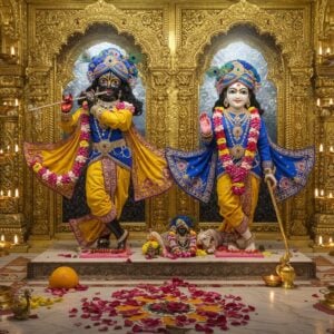 A majestic temple scene featuring Lord Krishna and Lord Balarama as divine deities, standing side by side on an ornate golden altar. Krishna with deep blue complexion, wearing a yellow dhoti and peacock-feathered crown, holding a golden flute in his hands, adorned with Vaijayanti garland. Balarama with fair complexion, wearing a blue dhoti and golden crown, holding his signature golden plough in his right hand and a mace in his left. Both deities decorated with intricate jewelry, precious gems, and fresh flower garlands. The altar surrounded by elaborate Rajasthani-style carved marble architecture with golden accents. Soft divine light streaming through temple windows creating a ethereal atmosphere. Multiple brass oil lamps casting warm golden glow. Decorative peacock motifs and lotus patterns on temple walls. Foreground features scattered rose petals and traditional rangoli designs. Art style combines hyperrealistic digital rendering with traditional Indian temple art aesthetics, emphasizing divine radiance and spiritual atmosphere. Perspective from slightly below to emphasize divinity and grandeur.