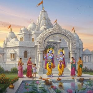 A majestic white marble temple with distinctive Rajasthani-style architecture rises against a dawn sky filled with soft pink and golden hues. The temple's ornate spires are adorned with intricate gold-leafed details and traditional Hindu symbols. In the foreground, a serene garden features blooming lotus pools and sacred Tulsi plants. Lord Krishna, depicted with blue complexion, peacock feather crown, and yellow dhoti, plays His divine flute beside Lord Balaram, who appears in white attire with a golden plough. They stand beneath an elaborately carved stone archway decorated with traditional Vrindavan motifs of peacocks, cows, and flowering vines. Devotees in traditional Indian attire circumambulate the temple, carrying garlands of marigolds and jasmine. Soft, ethereal light streams through the morning mist, creating a mystical atmosphere. The scene combines photorealistic architectural details with ethereal spiritual elements, rendered in a style blending traditional Pattachitra art with modern digital techniques. The color palette features pristine whites, deep blues, warm golds, and soft pastels, with subtle glowing effects around the deities.