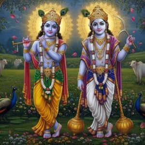 An ethereal scene depicting Lord Krishna and Lord Balaram standing side by side in divine brotherhood. Krishna with deep blue-colored skin, wearing a yellow dhoti and peacock feather crown, holding his signature flute in his right hand. His chest adorned with the Kaustubha gem and vaijayanti garland. Balaram with fair complexion like the moon, wearing royal blue attire, adorned with forest garland, holding his golden plough in his right hand and mace in his left. Both divine brothers surrounded by a glowing mandala halo, standing in a lush Vrindavan garden with peacocks. The background features intricate Madhubani-style patterns in gold and deep blue, with floating lotus petals. Mystical cowherds and cows visible in the pastoral backdrop. The lighting is divine and otherworldly, with soft golden rays emanating from behind. The scene combines traditional Indian art elements with modern digital aesthetics, rendered in rich colors - deep blues, royal golds, and forest greens. Photorealistic style with magical elements, 8k quality, cinematic lighting.