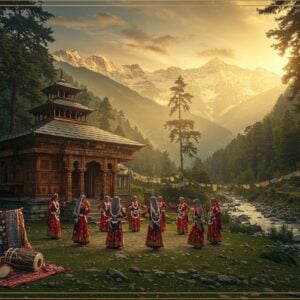 A panoramic view of Kullu Valley at golden hour, with majestic snow-capped Himalayas in the background. In the foreground, a traditional Himachali wooden temple with intricate carved details and slanted pagoda-style roof stands prominently. Local women in colorful Kulluvi pattus (traditional dress) with elaborate silver jewelry perform the Nati dance in a circular formation. Ancient deodar trees frame the scene, their branches adorned with prayer flags fluttering in the wind. Mystical rays of sunlight pierce through clouds, illuminating the valley. Traditional musical instruments like the karnal and nagara rest near the temple steps. The composition includes rich details of local handicrafts - Kullu shawls with geometric patterns and vibrant colors draped decoratively. A gentle stream flows nearby, reflecting the golden sky. Art style combines hyperrealistic landscape photography with ethereal, dreamy lighting and Madhubani-inspired decorative elements in the borders. The overall mood is serene and mystical, with a color palette of deep greens, earthy browns, and gold accents, highlighting the valley's spiritual and cultural heritage.