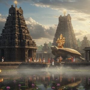 A majestic ancient temple complex carved from dark stone emerges from morning mist, with Lord Vishnu's Kurma avatar (half-turtle, half-human form) as the central deity, adorned with gold ornaments and precious gems. The temple architecture features intricate Dravidian-style gopurams with detailed carvings of celestial beings and mythological scenes. Soft golden sunrays filter through clouds, creating divine light beams that illuminate the temple's reflection in a sacred pond filled with lotus flowers. In the foreground, devotees in traditional Telugu attire perform pradakshina around the temple. The scene includes floating diyas, vibrant marigold garlands, and burning incense creating ethereal smoke patterns. The color palette combines deep browns and greys of ancient stone with warm golds, saffron, and peaceful ocean blues. The art style merges hyperrealistic architectural details with mystical elements like glowing mandalas and sacred geometric patterns floating in the air, all rendered in a style combining traditional Kalamkari art with modern digital sophistication.