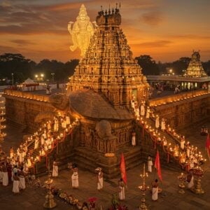 A majestic aerial view of Kurmanathaswamy Temple during a festival night, with the distinctive turtle-shaped temple architecture illuminated by hundreds of traditional brass oil lamps and modern spotlights. The temple's stone structure features intricate Dravidian carvings in warm golden light. In the foreground, a grand procession with devotees in traditional Telugu attire carrying elaborate temple flags and torches. The divine turtle avatar of Lord Vishnu (Kurma) emerges as a subtle, ethereal form above the temple's main tower, rendered in translucent golden light with intricate Madhubani-style patterns. The scene includes priests performing abhishekam with sacred water flowing down the temple steps, creating reflective pools that mirror the illuminated temple. Multiple layers of decorative banana leaves and mango leaves form thoranams across the temple entrance, adorned with jasmine and marigold garlands. The sky features a dramatic sunset in shades of saffron and deep blue, with floating lotus petals and subtle mandala patterns. The entire scene is rendered in a style that combines traditional Pattachitra art techniques with modern digital lighting effects, emphasizing the cosmic significance of the temple while maintaining its historical authenticity.