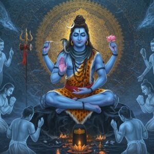 A majestic depiction of Lord Bhuteshwar, a form of Lord Shiva, seated in deep meditation on Mount Kailash. His powerful form radiates a divine blue aura, with four arms - upper right hand holding trishul, upper left hand holding damru, lower right hand in abhaya mudra, and lower left hand holding a lotus. His serene face shows three eyes with the third eye prominently glowing. Sacred ash adorns his body, with a crescent moon in his matted locks. Around him, ethereal spirits (bhutas) bow in reverence, rendered in translucent, ghostly forms with Indian features. The background features an intricate mandala pattern in gold and deep blue, with floating lotus flowers and spiritual symbols. Mystical smoke swirls create a supernatural atmosphere. The scene is illuminated by soft, otherworldly light in shades of cool blue and silver, with hints of saffron. Art style combines traditional Pattachitra patterns with modern digital fantasy art, emphasizing photorealistic textures and magical lighting effects. The overall composition suggests power, protection, and divine authority over the spirit realm.