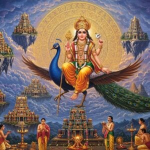 A majestic scene depicting Lord Murugan in his divine form, seated on his peacock mount soaring through a mystical sky. He holds his sacred vel (spear) in his right hand, wearing traditional golden armor and a crown adorned with peacock feathers. Below him, six distinct sacred mountains float like celestial islands, each emanating a unique divine aura - Palani Hill glowing in deep blue, Thiruthani in gold, Swamimalai in saffron, Thirupparankundram in emerald, Pazhamudircholai in lush green, and Thiruchendur in ocean turquoise. Each mountain temple is rendered in intricate Dravidian architecture with golden gopurams. Ethereal light rays connect all six temples through golden threads of energy. The background features a large, intricate mandala pattern in gold and peacock blue. Mystical clouds with hints of purple and pink swirl around the scene. In the foreground, devotees perform archana with flowers and deepams. The art style combines hyperrealistic digital rendering with traditional South Indian temple art motifs, creating a luminous, spiritual atmosphere with rich, deep colors and subtle gradient lighting.