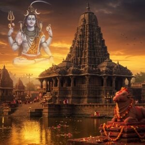 A majestic ancient Shiva temple in Maharashtra architectural style, with intricate stone carvings and towering shikhara against a dramatic sunset sky with deep oranges and purples. Lord Shiva appears as a semi-transparent, ethereal figure above the temple, in his classic meditation pose on Mount Kailash, with four arms holding trishul, damru, lotus, and gesture of blessing. His form radiates a soft blue aura. The temple structure features detailed Hemadpanthi architecture style with dark stone work, multiple tiers, and ornate pillars. Sacred river Godavari flows in the foreground reflecting golden light, with floating lotus flowers and diyas. Multiple smaller shrines and deepstambhs surround the main temple. The scene is enhanced with floating trails of incense smoke, glowing oil lamps, and scattered marigold flowers. The atmosphere combines photorealistic temple architecture with mystical, spiritual elements. Stone Nandi statue in front of temple covered with fresh flowers and vermillion. Style should blend traditional Indian temple art with modern digital fantasy art, emphasizing both historical accuracy and divine mysticism. Lighting should be dramatic with golden hour glow highlighting the temple's geometric patterns and sacred symbols.