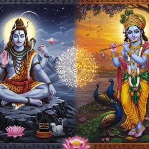 A majestic split-screen divine composition showing Lord Shiva and Lord Krishna facing each other in ethereal lighting. On the left, Lord Shiva in meditation pose with four arms, third eye visible, crescent moon in matted locks, cobra around neck, holding trishul and damru, wearing tiger skin, body smeared with vibhuti, seated on Mount Kailash with snow-capped peaks. On the right, Lord Krishna in His celestial form, deep blue complexion, wearing pitambara and peacock feather crown, playing the golden flute, standing under a kadamba tree with peacocks nearby. The center features a glowing golden mandala bridge connecting both realms. Floating musical notes and bhajan instruments (veena, mridangam) appear as ethereal forms. The background shows a cosmic blend of Shiva's silver moonlit night merging with Krishna's golden sunrise. Soft rays of divine light emanate from both deities. Style combines traditional Thanjavur painting techniques with modern digital art, rich in details with deep maroons, celestial blues, and metallic golds. The scene is framed by intricate patterns of lotus flowers and om symbols in a contemporary minimalist border.