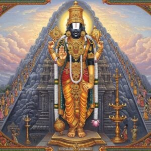 A majestic, ethereal depiction of Lord Venkateswara standing atop the sacred Tirumala Hills, his form radiating divine golden light. He wears a richly decorated crown adorned with precious gems, his four arms holding the Sudarshana Chakra, conch shell, lotus flower, and bestowing blessings. His face exudes serenity and compassion. The background blends traditional Tirupati temple architecture with surreal, floating clouds in soft pastel hues. Devotees in colorful traditional attire are seen climbing the seven hills, symbolizing their pilgrimage. Intricate Madhubani-style patterns frame the image, incorporating elements like peacocks, lotus flowers, and sacred symbols. The color palette features deep blues, rich golds, and warm saffron tones. A soft, otherworldly glow permeates the scene, emphasizing the spiritual significance. The art style combines hyperrealistic details with a touch of Indian miniature painting, creating a captivating fusion of tradition and modernity.