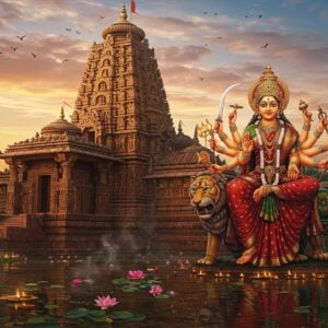 A majestic temple complex in traditional Kalinga architecture style with intricate carvings, illuminated by the golden light of dawn. The main temple spire rises dramatically against a mystical sky filled with soft pink and orange clouds. In the foreground, a powerful eight-armed Goddess Lankeswari seated on a lion throne, adorned in a deep red silk saree with gold border. Her hands holding traditional weapons - sword, shield, bow, arrow, lotus, bell, and showing abhaya and varada mudras. Her face radiates divine compassion with a gentle smile, third eye visible, and crowned with an ornate mukut. The temple entrance features detailed stone-carved panels depicting scenes from local legends. Floating diyas and lotus flowers in a sacred pond reflect the temple's golden glow. The scene incorporates Madhubani-style decorative patterns in the sky and around the temple, with peacock motifs and traditional Odishan tribal art elements. The overall atmosphere is mystical and serene, with soft light streaming through incense smoke, creating ethereal patterns. Rich jewel tones of maroon, deep blue, and gold dominate the color palette, while maintaining a dreamy, spiritual quality.