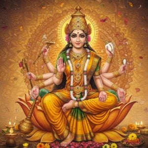 A majestic Hindu goddess Pitambara Devi in resplendent yellow silk saree, seated in padmasana on a golden lotus throne, four-armed, holding a conch shell in upper right hand, chakra in upper left hand, lotus flower in lower right hand, and blessing mudra in lower left hand. Her face radiates divine beauty with a serene expression, adorned with traditional gold temple jewelry, crown, and a glowing yellow aura surrounding her. Behind her, an intricately detailed Madhubani-style mandala in shades of saffron and gold creates a powerful backdrop. The scene is set in a celestial realm with floating lotus petals, subtle mystical smoke, and ethereal light rays in soft pastel yellows and golds. The foreground features traditional oil lamps with glowing flames, scattered yellow flowers, and offerings. The art style combines hyperrealistic digital rendering with traditional Indian art elements, creating a modern yet spiritually authentic representation.