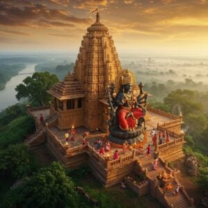 A majestic aerial view of Maa Taratarini Temple perched atop the Kumari hills, surrounded by lush greenery and the flowing Rushikulya river below. The temple architecture features traditional Kalinga style with intricate carvings and a towering shikhara in warm sandstone colors. Two identical goddess idols of Maa Tara in black stone, seated in lotus position with four arms - upper right hand holding a sword, upper left hand holding a shield, lower right hand in varada mudra, and lower left hand holding a lotus. The goddesses are adorned with red silk sarees, gold ornaments, and crown. Ethereal golden light emanates from behind the deities, creating a divine aura. Devotees in traditional Odishan attire performing ritual offerings with flowers and diyas. The scene includes mystical elements like floating lotus petals, swirling sacred smoke from yagna fires, and glowing mandalas in the background. Art style combines traditional Pattachitra patterns with modern digital art techniques, using deep maroons, saffron, gold, and peacock blue colors. The atmosphere is serene yet powerful, with soft morning mist adding to the spiritual ambiance.