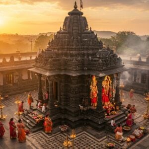 A magnificent aerial view of the Mahalakshmi Temple Kolhapur at golden hour, with its distinctive Hemadpanthi architecture and ornate black stone structure illuminated by warm sunlight and traditional oil lamps. The main shrine features Goddess Mahalakshmi in her powerful form, wearing a red silk saree with gold border, adorned with precious jewels and a crown, holding a mhalunga and shield. The temple courtyard shows intricate Maratha-style carved pillars and detailed stone work with traditional geometric patterns. In the foreground, devotees in traditional Maharashtrian attire perform the iconic tambya-tujha (copper pot) ritual. The scene is enhanced with floating lotus flowers, burning incense creating mystical smoke patterns, and golden light rays filtering through the temple's ornate windows. The background showcases the surrounding Sahyadri hills in a dreamy, ethereal style with soft pastel sunset colors. The overall composition combines photorealistic architectural details with mystical elements like glowing mandalas, floating diyas, and subtle sacred geometrical patterns in gold overlays.