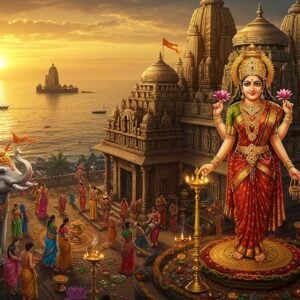 A majestic aerial view of Mumbai's Mahalakshmi Temple at golden hour, with the Arabian Sea in the background and the Haji Ali Dargah visible in the distance. The temple's ornate shikhara towers are adorned with intricate Maratha-style carvings, illuminated by warm sunset light. In the foreground, Goddess Mahalakshmi stands in her traditional form - radiant golden skin, four arms holding lotus flowers, gold coins falling from one hand, dressed in a rich red and gold silk saree with temple border. She wears elaborate gold jewelry including a tall mukut (crown), necklaces, and bangles. Two white elephants flank her, performing abhisheka (holy water sprinkling). The scene includes devotees in colorful traditional Maharashtra attire offering flowers and diyas. Floating lotus flowers and oil lamps create a pathway leading to the temple entrance. The atmosphere is enhanced with swirling incense smoke patterns and subtle golden sparkles. The artistic style combines hyperrealistic digital art with traditional Maratha temple art patterns, using a color palette of deep reds, royal blues, and gold, with dramatic lighting that highlights the temple's architectural grandeur.