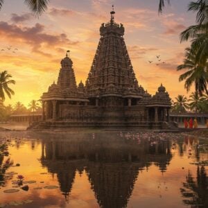 A majestic ancient temple complex on a serene coastal backdrop, with traditional Kadamba-style architecture featuring intricate stone carvings and stepped pyramidal shikhara. The temple reflects in a still water body in the foreground, creating a mirror image. Golden sunrise light bathes the scene, casting long shadows and highlighting the temple's ornate details. Towering coconut palms frame the temple, their fronds gently swaying. Traditional Madhubani-style decorative patterns adorn the temple walls in deep maroon and saffron colors. The surrounding landscape features blooming lotus flowers in peacock blue waters, with soft morning mist adding an ethereal quality. A few devotees in traditional Indian attire walking along the stone-paved path leading to the temple. The sky shows a gradient from deep orange to soft pink, with detailed cloud formations. Artistic elements include subtle mandalas floating in the air, glowing with divine light, and delicate flower petals carried by the coastal breeze. The scene captures both the architectural grandeur and spiritual essence of the temple, rendered in a photorealistic style with magical realism touches.