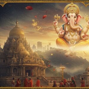 A majestic scene of Lord Ganesha's temple at dawn, featuring two grand temples - Siddhivinayak and Siddhatek - merged in a ethereal composition. The Siddhivinayak temple's gold-plated dome gleams in morning light, while Siddhatek temple sits on a misty hill. Lord Ganesha appears as a divine, translucent form above, seated in padmasana, with his four hands holding modak, lotus, axe and displaying abhaya mudra. His trunk curves to his left, adorned with a gold crown and jewels. The scene includes devotees in traditional Maharashtrian attire offering red hibiscus and modak. Intricate Madhubani-style patterns frame the composition, with peacock blue and gold color palette. Sacred symbols like swastikas and om float ethereally. Soft morning rays create a golden halo effect, with floating lotus petals and light orbs. The architecture features detailed marble work and brass doorways, rendered in hyperrealistic digital art style with surreal lighting effects. Mumbai's modern skyline appears subtly in the background behind Siddhivinayak, while Siddhatek shows its natural surroundings, creating a perfect blend of urban and traditional spirituality.