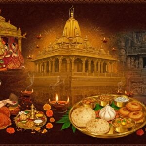 A grand panoramic view of Maharashtra's spiritual landscape, featuring the iconic Siddhivinayak Temple with its gold-plated dome in the center, surrounded by intricate Madhubani-style patterns. The foreground showcases a traditional brass thali with authentic Maharashtrian delicacies - modaks, puran poli, and vada pav arranged in a mandala pattern, garnished with curry leaves and marigold flowers. On the left, a detailed depiction of women in traditional Maharashtrian nauvari sarees performing Mangalagaur puja with coconuts and haldi-kumkum. The right side features the ancient Ellora caves with detailed stone carvings. The scene is illuminated by warm, ethereal light with floating diyas and incense smoke creating a mystical atmosphere. A border of contemporary geometric patterns inspired by Paithani saree designs frames the entire composition. The color palette includes deep maroons, saffron, peacock blue, and gold accents. The art style combines traditional Indian miniature painting techniques with modern digital art aesthetics, creating a surreal yet culturally authentic atmosphere.