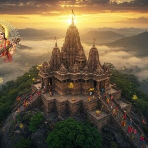 A majestic aerial view of the Maihar Devi temple perched atop the Trikuta hills, illuminated by golden sunrise rays breaking through misty clouds. The temple architecture features intricate Madhya Pradesh style with detailed carved spires. In the foreground, a radiant manifestation of Goddess Sharda Devi appears, depicted as a beautiful Indian woman in a red and gold silk saree, adorned with traditional temple jewelry, holding a veena in her hands, surrounded by a glowing mandala halo. The scene includes devotees climbing the 1063 sacred steps, their colorful traditional attire creating a flowing line of devotion. Floating lotuses and spiritual symbols like the Om emerge from sacred smoke. The landscape shows the verdant Satpura range in the background with dramatic lighting. The art style combines hyperrealistic architectural details with ethereal, spiritual elements, using a color palette of deep maroons, saffron, gold, and peaceful dawn blues. Mystical light particles and subtle Madhubani patterns fill the atmosphere.