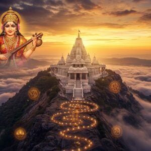 A majestic aerial view of the Maihar Devi temple perched atop the Trikuta hills at sunset, with golden rays illuminating the white marble structure. The temple is surrounded by mystical, swirling clouds in shades of saffron and deep purple. In the foreground, an ethereal, semi-transparent image of Goddess Sharda Devi in her traditional form, wearing a red and gold saree, adorned with intricate jewelry, holding a veena in her hands, emanating a divine golden aura. The scene features floating lotus flowers, medallions with classical Indian musical instruments, and glowing diyas forming a spiral path leading to the temple. The landscape incorporates traditional Madhubani-style patterns in the hills and clouds, with peacocks and sacred symbols subtly woven into the design. The lighting is dramatic with warm golden hues contrasting with deep blues of the approaching dusk, creating a mystical atmosphere. The art style combines photorealistic architecture with surreal, spiritual elements and traditional Indian art motifs, rendered in high-detail digital art.