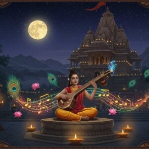 A serene nighttime scene in a traditional Indian temple courtyard, featuring an ethereal Indian classical musician playing the surbahar bathed in moonlight, seated on an intricately carved marble platform. The musician is surrounded by floating, glowing musical notes transformed into luminous peacock feathers in shades of gold and electric blue. Behind them, a large ornate Devi Sarada temple facade in Maihar style architecture rises, its stone walls illuminated by hundreds of oil lamps. Swirling patterns of ragas visualized as flowing streams of color (deep maroon, saffron, and turquoise) emerge from the instrument, intertwining with blooming lotus flowers. The background features the misty Maihar hills under a star-filled sky with a large golden crescent moon. Traditional Madhubani-style borders frame the scene with musical instruments like veena, sarod, and sitar patterns. Soft glowing orbs of light float around, creating a mystical atmosphere. The overall color palette combines deep jewel tones with ethereal pastels, rendered in a style merging traditional Indian miniature painting with modern digital art techniques. Include subtle elements of guru-shishya parampara symbolism through shadow silhouettes in the background.