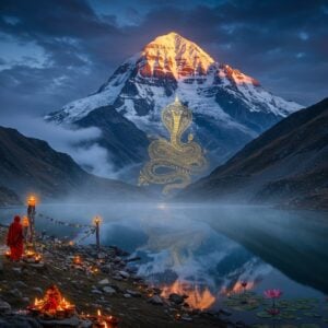 A majestic snow-capped Mount Manimahesh Kailash peak glowing in ethereal blue light against a dramatic sunrise sky, with intricate Madhubani-style patterns in gold and saffron decorating the mountain slopes. In the foreground, a group of Indian pilgrims in traditional Himachali attire walking along a winding mountain path decorated with prayer flags. The sacred Manimahesh Lake reflects the mountain like a mirror, with lotus flowers floating on its surface creating ripples of spiritual energy. Mystical fog swirls around the base of the mountain, with subtle mandala patterns emerging from the mist. The scene features a divine serpent (Sheshnag) coiled around the peak in translucent ethereal form. Small glowing diyas and flower offerings dot the lakeside, while the morning sun casts a golden glow on the entire landscape. The art style combines photorealistic mountain scenery with traditional Indian artistic elements, creating a surreal and spiritual atmosphere. The color palette includes deep blues, snow whites, golden yellows, and earthy browns, with occasional touches of saffron and maroon in the traditional clothing and prayer flags.