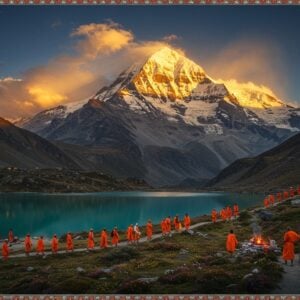 A majestic snow-capped Mount Manimahesh Kailash peak at dawn, illuminated by golden sunlight, rising against a deep blue sky with mystical clouds. In the foreground, a line of devoted pilgrims in traditional Himachali attire walking along a winding mountain path, carrying traditional prayer flags and walking sticks. The sacred Manimahesh Lake reflects the mountain like a mirror, with its crystal-clear turquoise waters surrounded by vibrant wildflowers. Ethereal rays of light pierce through clouds, creating divine spotlights on the mountain. The scene includes small groups of sadhus in saffron robes performing rituals near the lake. Traditional Madhubani-style border patterns frame the scene, featuring intricate geometric designs in deep maroon and gold. The atmosphere is serene and spiritual, with subtle hints of floating incense smoke and prayer flags fluttering in the wind. The lighting creates a dramatic interplay of light and shadow on the mountainside, emphasizing its divine nature.