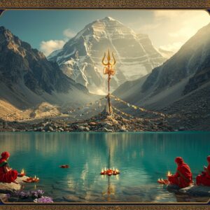 A breathtaking Himalayan lake with crystal-clear turquoise waters reflecting snow-capped Mount Kailash in the background, surrounded by rugged peaks. In the foreground, Indian pilgrims in traditional Himachali attire (colorful woolen shawls and caps) perform ritual offerings with glowing diyas floating on the sacred waters. The scene is illuminated by golden morning sunlight breaking through misty clouds, creating an ethereal atmosphere. Intricate Madhubani-style border patterns in gold and deep blue frame the scene. Lord Shiva's trident emerges from the mountain peak, rendered in a glowing ethereal style. Prayer flags in vibrant colors flutter in the wind. The landscape features detailed rock formations with hints of snow, alpine flowers in purple and yellow. The water surface has subtle ripples creating mandala-like patterns. Photorealistic digital art style with mystical elements, soft ethereal lighting, deep rich colors of peacock blue, gold, and saffron. The scene captures both geographical accuracy and spiritual significance with a dreamy, surreal quality.