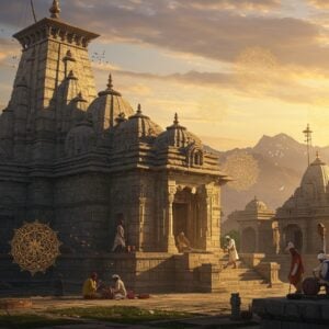 A majestic ancient sun temple complex bathed in golden sunset light, featuring intricate Kashmir-style architecture with pyramidal roofs and trefoil arches. The temple's grey limestone structure stands against a dramatic Himalayan backdrop with snow-capped peaks. In the foreground, detailed restoration work in progress shows craftsmen using traditional tools on partially restored pillars. The scene includes floating mandalas and sacred geometric patterns in shades of saffron and gold, merging with sun rays. Delicate lotus motifs and traditional Kashmiri patterns adorn the temple walls. The atmosphere captures both decay and renewal, with some sections showing weathered stone while others gleam with restored glory. Mystical light streams through the characteristic T-shaped doorway, creating dramatic shadows. Small elements of modern restoration equipment subtly blend with the ancient architecture. The color palette focuses on warm sandstone tones, deep burgundy, and celestial blues. Art style combines photorealistic architectural details with ethereal Indian traditional art elements, rendered in high-definition digital art style with atmospheric lighting effects.