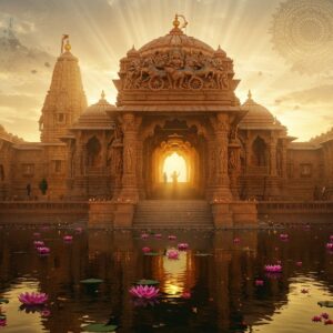 A majestic ancient Indian Sun Temple emerging from a golden sunrise, its intricate sandstone architecture detailed with Madhubani-style patterns in deep saffron and burnt orange. The stepped tank in front perfectly reflects the temple structure, creating a mirror image in still waters dotted with pink lotus flowers. The main shrine hall features elaborate carved pillars with celestial dancers and mythological scenes, highlighted by warm morning light. Artistic rays of sunlight pierce through the geometric patterns of the temple's roof, creating dramatic light beams. The scene is surrounded by stylized mandala patterns in peacock blue and gold floating in the sky. The temple's iconic torana (archway) is adorned with detailed carvings of the Sun God's chariot drawn by seven horses, rendered in a fusion of traditional Pattachitra and modern digital art style. Floating diyas and flower petals in the foreground add a spiritual atmosphere. The lighting is mystical with a combination of golden hour warmth and ethereal glows. Hyper-detailed architectural accuracy, 8k resolution, cinematic composition.