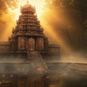 A majestic ancient stone temple with intricate Dravidian architecture emerging from a mystical forest setting, illuminated by golden sunrise. The temple's main tower features detailed carvings of Tripura Sundari in her three forms - Maha Tripura Sundari, Bhuvaneswari, and Rajarajeshwari - each adorned with traditional jewelry and crown. The temple walls showcase Madhubani-style paintings depicting scenes from the temple's history. In the foreground, a beautiful stone-carved stepped tank with lotus flowers reflects the temple's image. Soft morning mist swirls around the base, creating an ethereal atmosphere. The scene is enhanced by floating oil lamps and flower petals in the water. Rich warm colors dominate - deep maroons, burnished golds, and peacock blues. Sacred symbols like Sri Yantra patterns are subtly incorporated into the architecture. Divine aura and rays of light emanate from behind the temple spire. Photorealistic digital art style with magical realism elements.