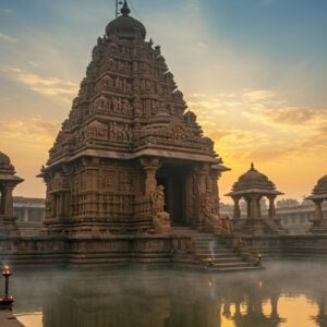 A majestic stone temple with intricate Kalinga architecture rising against a mystical dawn sky, its carved spires reaching upward with detailed reliefs of celestial dancers and mythological scenes. The iconic torana gateway stands prominently in the foreground, elaborately carved with serpentine creatures and floral patterns in warm sandstone. Delicate morning mist swirls around the temple base, where detailed carvings of Lord Shiva's stories adorn the walls. The scene is illuminated by soft golden sunlight creating dramatic shadows across the sculptural details. Multiple small shrines and the distinctive diamond-shaped lattice windows (jaali work) are visible. A peaceful water tank reflects the temple's image, surrounded by ancient stone steps. The art style combines photorealistic architectural details with ethereal lighting and mystical elements, featuring a color palette of warm sandstone gold, deep terra cotta, and misty blue tones. Small oil lamps cast a gentle glow near the entrance, with delicate smoke trails rising upward. The scene maintains historical accuracy while creating a sense of timeless spirituality and architectural grandeur.