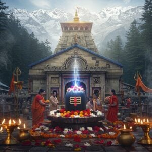 A majestic Lord Shiva temple nestled in the Himalayan mountains, with snow-capped peaks in the background and dense deodar forests surrounding it. The temple architecture features intricate North Indian temple style with multiple shikhars. In the foreground, a serene scene shows devotees performing abhishek on a crystal Shivling, with sacred water cascading down, creating a mystical glow. The Shivling is adorned with white flowers, bel patra, and red hibiscus. Brass diyas with flickering flames illuminate the scene, creating golden reflections. A subtle blue aura emanates from the Shivling, representing divine energy. Smoke from burning incense creates ethereal swirls in the air. The color palette includes deep browns of the temple stone, pristine whites of the snow, rich greens of the deodars, and touches of saffron and gold from the ritual elements. The lighting is soft and mystical, with rays of sunlight filtering through the temple windows, creating dramatic god rays. Art style combines hyperrealistic digital rendering with traditional Pahari painting influences, emphasizing both the grandeur and spirituality of the scene.