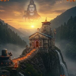 A majestic Shiva temple perched on a dramatic Himalayan cliff edge at sunset, carved from ancient grey stone with intricate Nagara architecture details. Lord Shiva's ethereal form appears as a semi-transparent overlay in the background - in deep meditation pose, wearing tiger skin, rudraksha malas, crescent moon on matted locks, holding trishul and damru. The temple is surrounded by dense deodar forests with mist rolling in. Sacred Nandi statue in black stone guards the entrance. Golden light bathes the scene while floating diyas and marigold flowers create a pathway leading to the temple door. Distinctive curved shikhara of the temple reaches toward clouds tinged with saffron and deep blue. Small waterfalls cascade nearby, creating a peaceful ambience. Intricate Madhubani-style patterns frame the scene with motifs of Shiva lingams, trishuls, and Om symbols in gold and deep maroon. The lighting is mystical with soft glows from temple lamps and the setting sun creating a spiritual atmosphere. Hyperrealistic digital art style with fantasy elements.