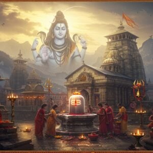 An ethereal scene of a majestic Shiva temple complex nestled in misty Himalayan peaks, with ancient stone architecture featuring intricate Nagara-style carvings and tall shikhara spires. Lord Shiva in his Mukteshwar form appears as a semi-transparent, divine manifestation in the background, with four arms holding trishul, damaru, lotus, and displaying abhaya mudra, his form emanating a soft blue glow. The foreground shows devotees performing abhishek on a crystalline Shiva lingam, with sacred water cascading down, creating golden ripples. Traditional brass temple bells and intricate stone sculptures line the temple walls. The scene is illuminated by warm golden sunrise light filtering through morning mist, creating dramatic god rays. Sacred rudraksha beads and vibhuti-smeared stones add authentic details. Art style combines hyperrealistic digital art with traditional Madhubani patterns in the borders, featuring mandala motifs and Sanskrit symbols. The color palette includes deep maroons, saffron, gold, and peacock blue, with ethereal highlights and a mystical atmosphere enhanced by floating flower petals and glowing diyas.